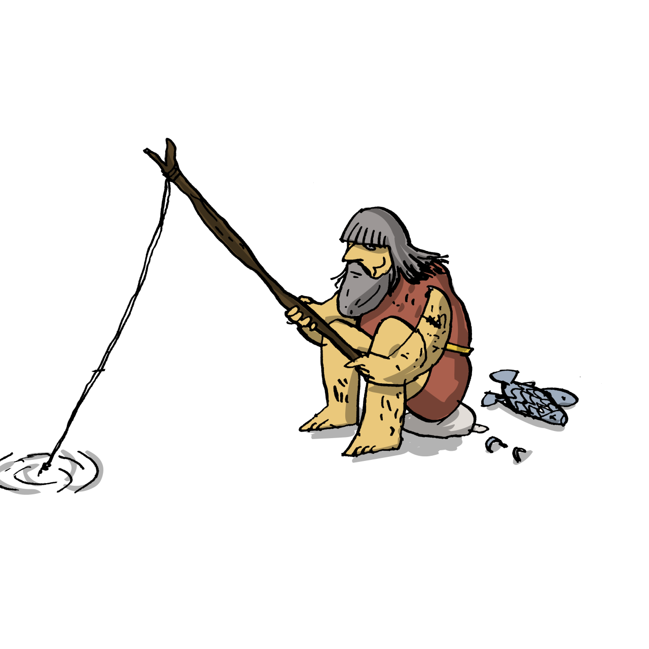 Eine Ilustration eines Fischers in urgeschichtlicher Kleidung
