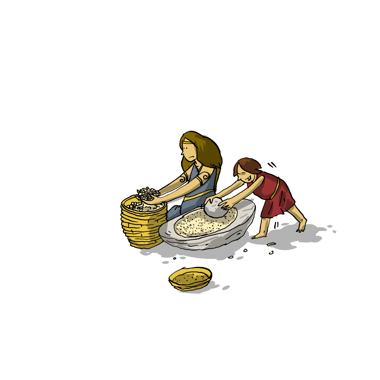 Illustration von einer Frau und einem Kind, die Mehl mahlen auf einem Reibstein
