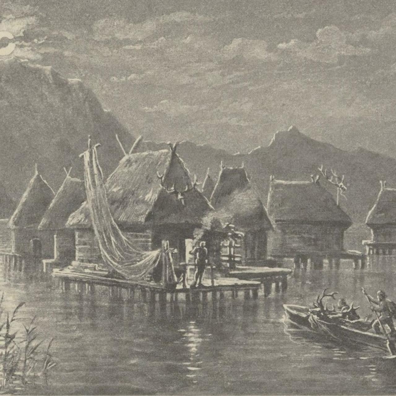 Illustration eines Pfahlbauerndorfes am Traunsee