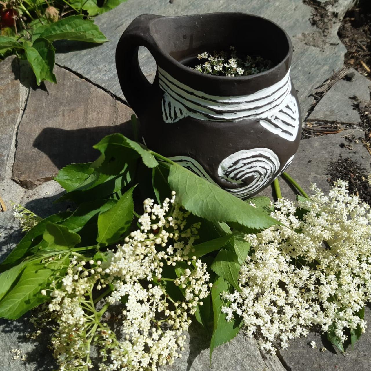Ein urgeschichtlicher Becher mit Holunderblüten im Vordergrund