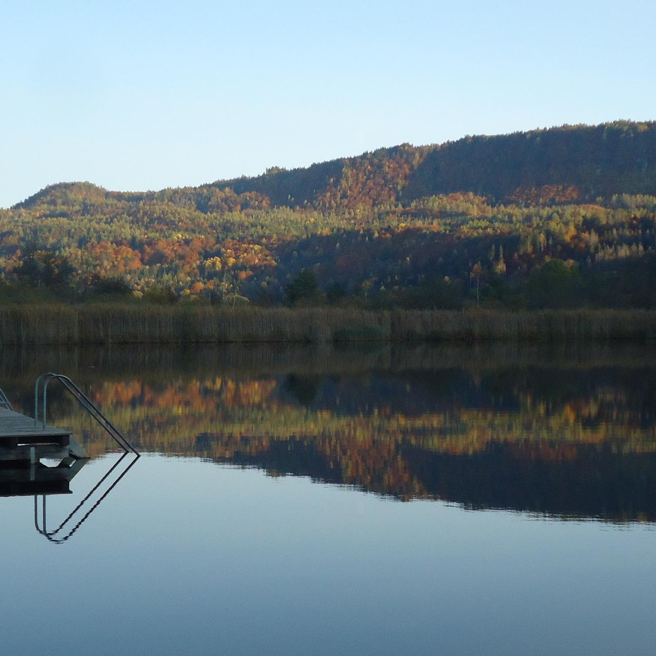 Ein See mit einem Steg, im Hintergrund ein bewaldeter Hügel