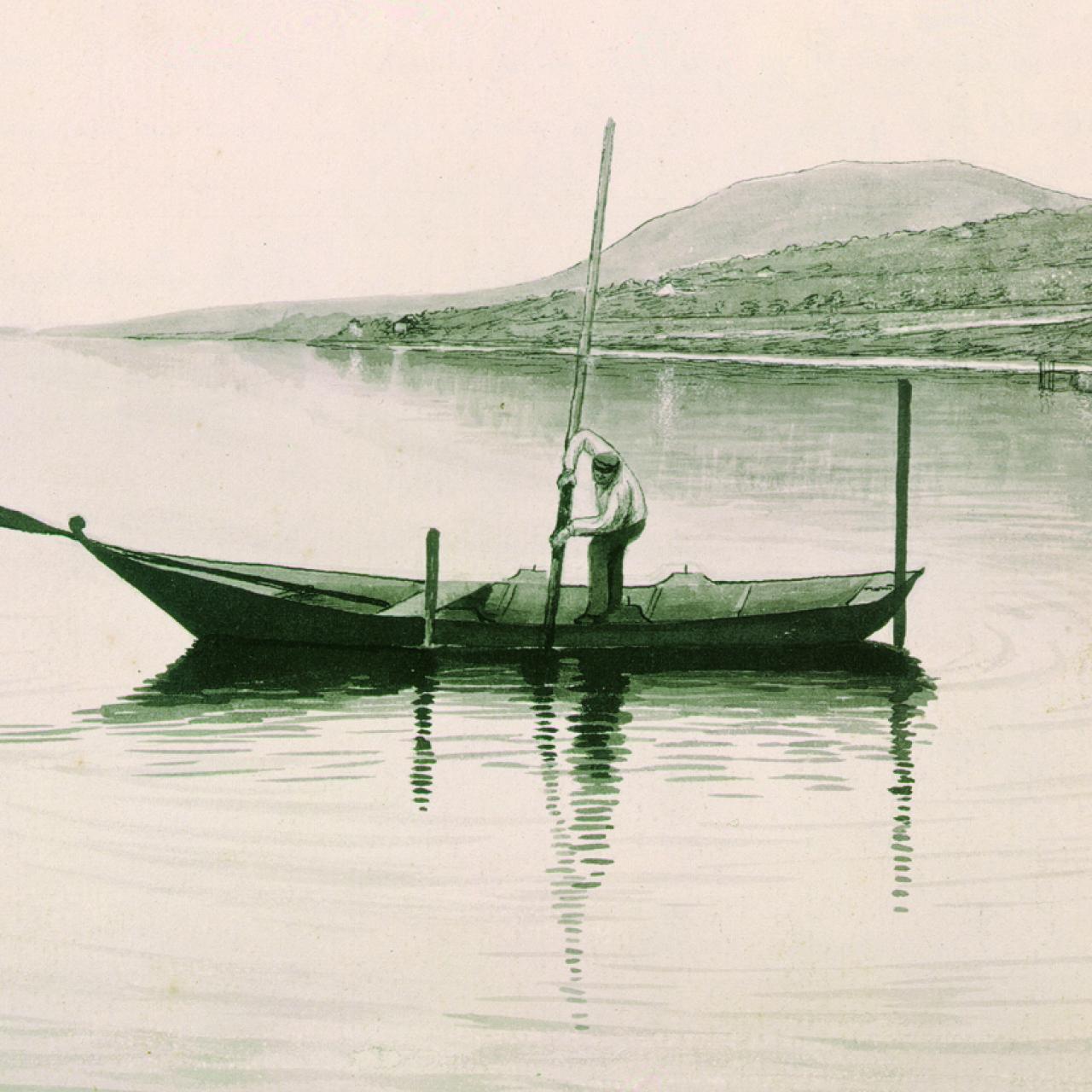 Eine Zeichnung von einem Fischerboot mit einem Mann, der einen Stock ins Wasser steckt