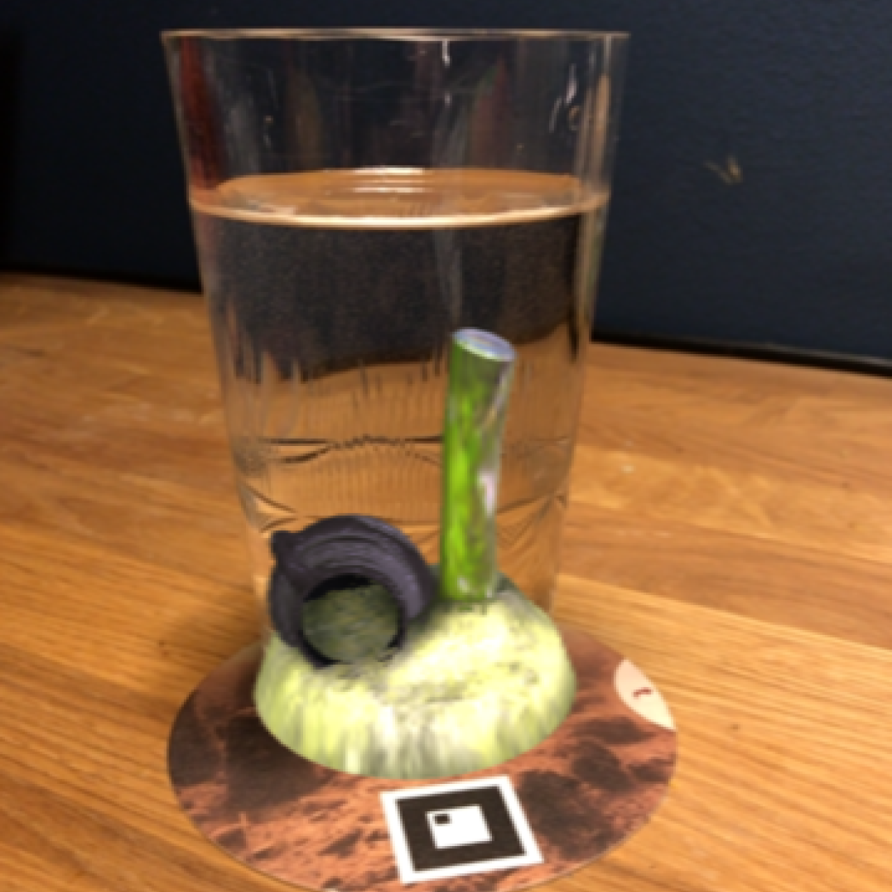 Ein Bierdeckel mit einer Unterwasserszene, darauf steht ein Wasserglas