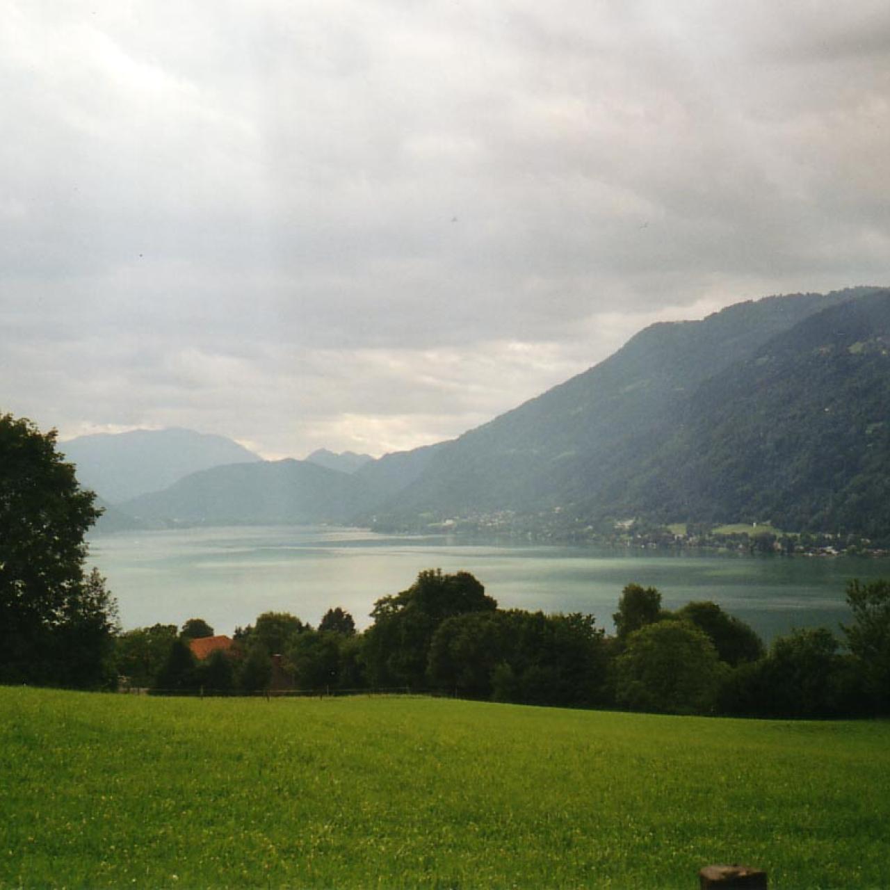 Eine Wiese, dahinter der Ossiacher See und die Berge