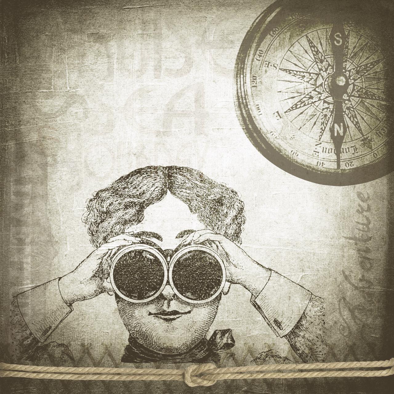 Eine Illustration einer Person mit Fernglas und einem Kompass
