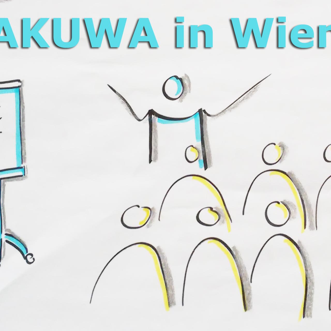 Strichmännchen vor einer Flipchart und der Überschrift "AKUWA in Wien"