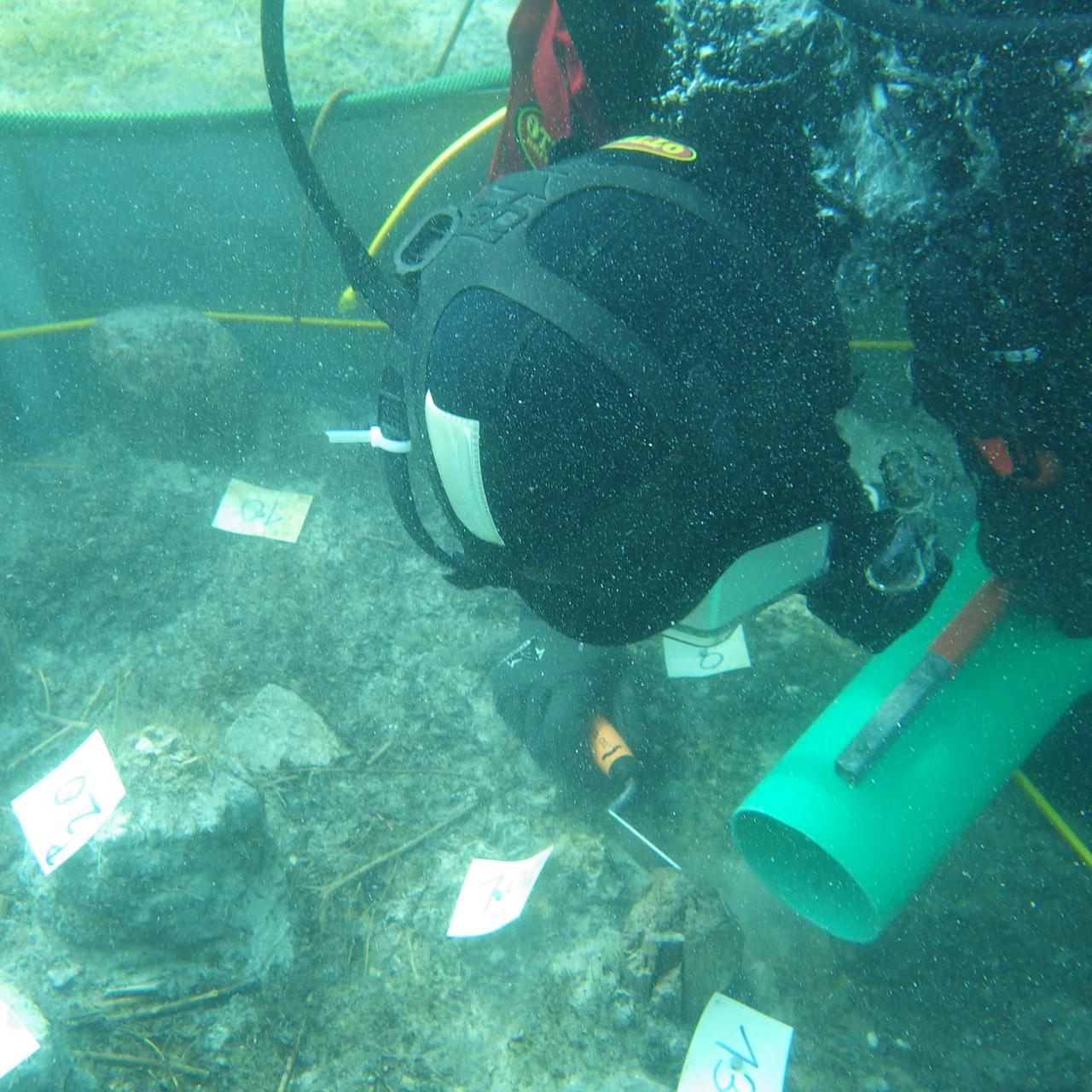 Ein Taucher mit der Dredge im Unterwasserschnitt beim Abtragen der ersten Kulturschicht