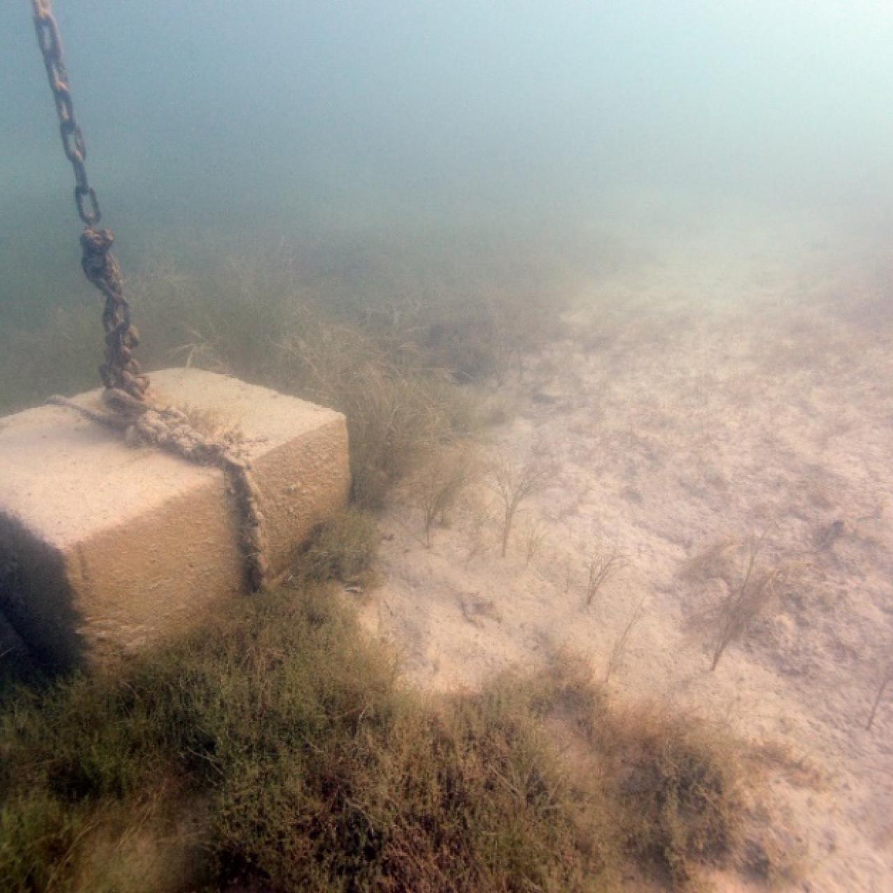 Ein angeketteter Zementblock am Seeboden auf dem befüllten Bojenkrater