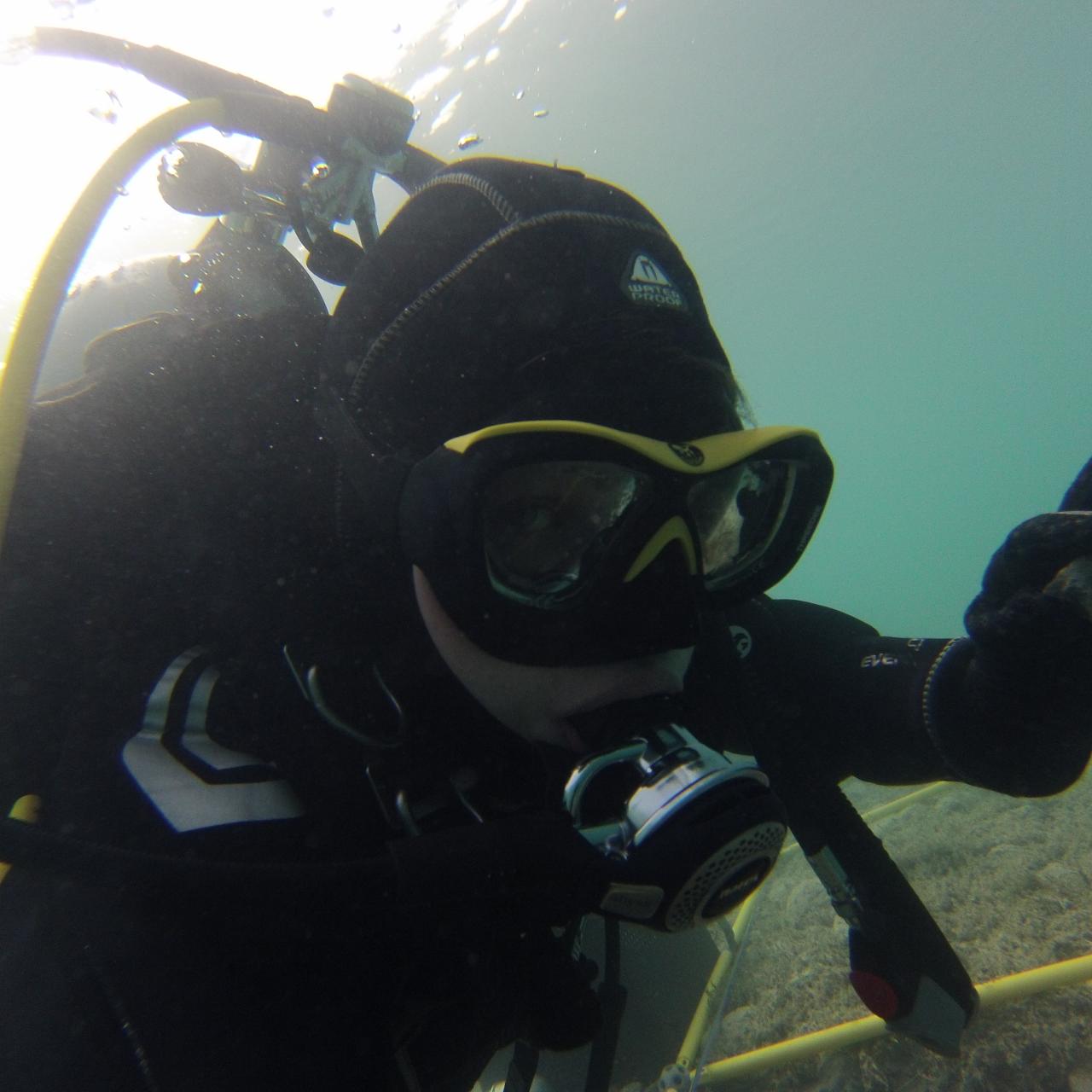 Eine Taucherin unter Wasser zeigt das OK-Zeichen