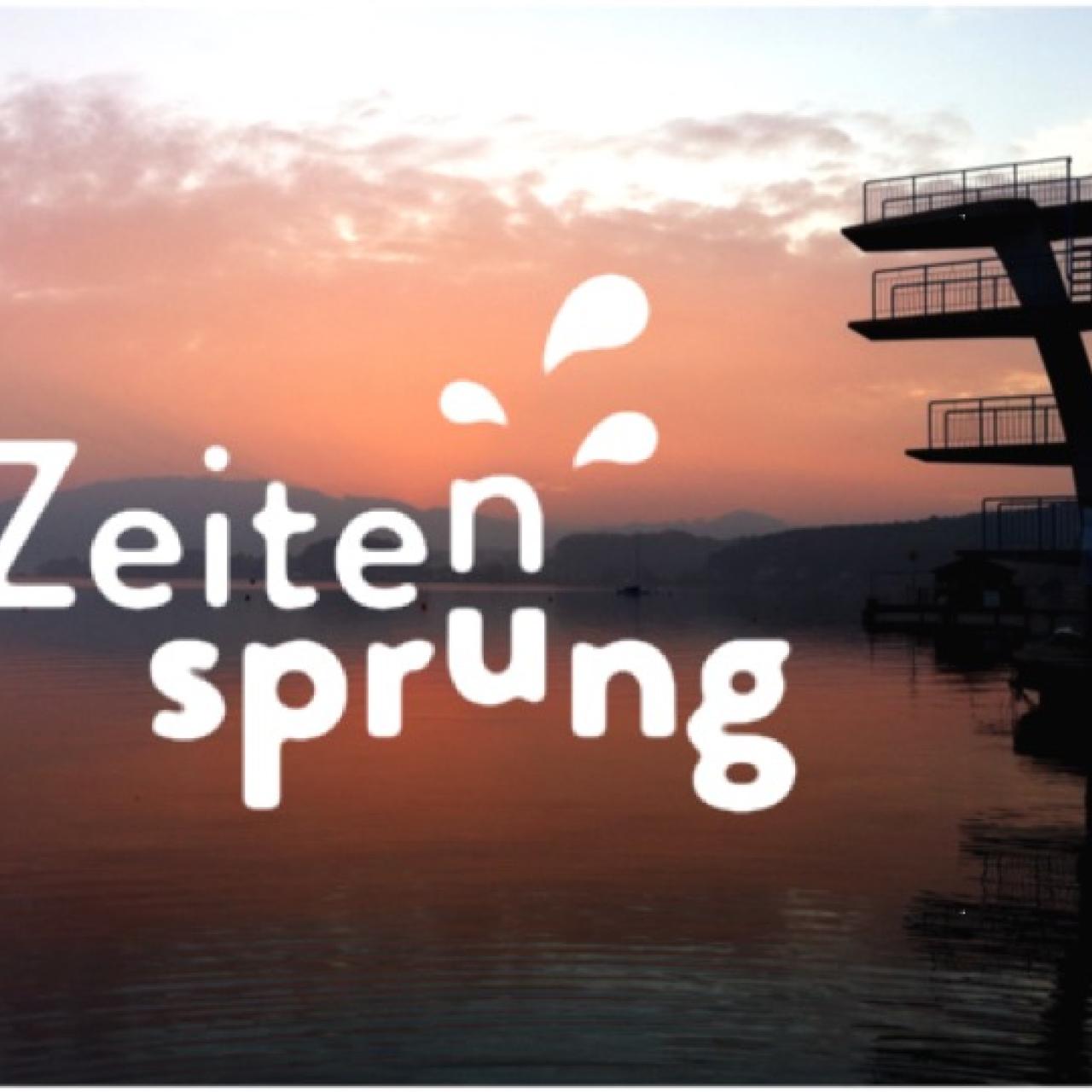 "Zeitensprung" Folie mit Sprungturm Seewalchen als Hintergrundbild