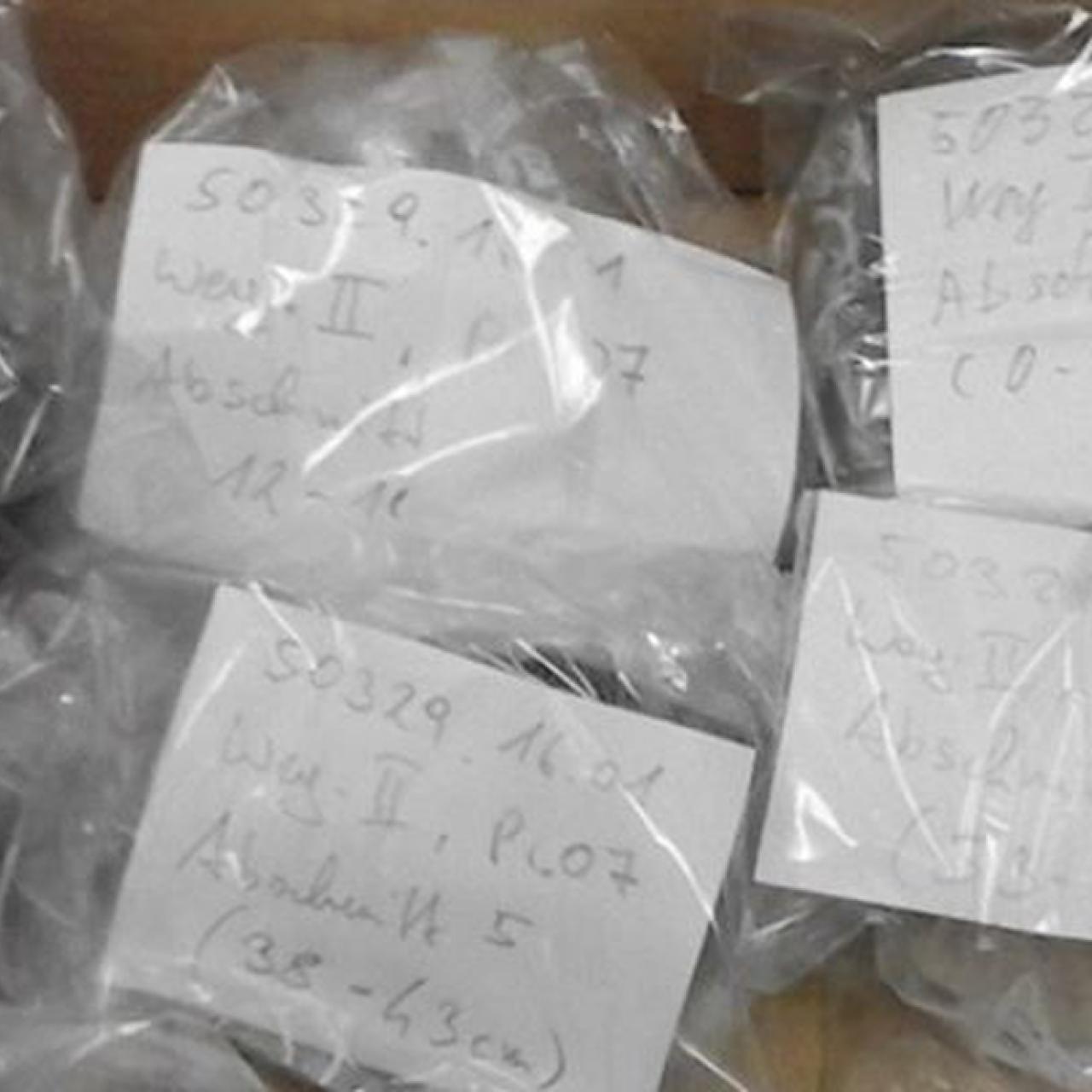 Proben in Plastikbeuteln mit handschriftlichen Beschriftungen auf weißem Papier