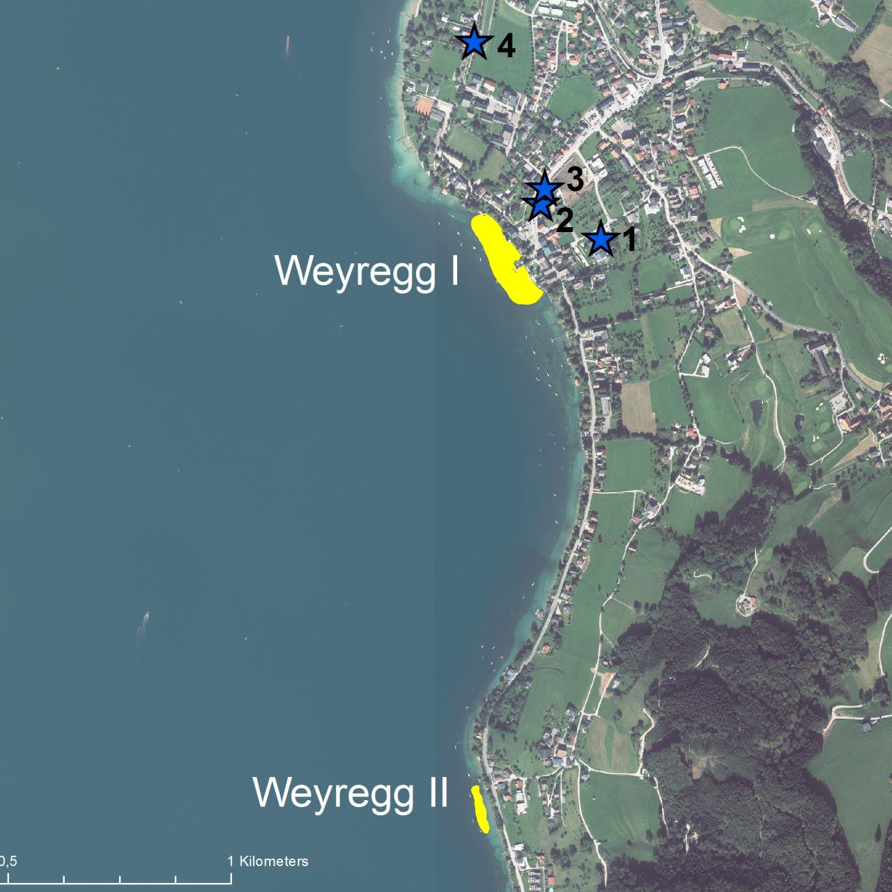Eine Karte eines Teils vom Ostufer des Attersees mit den markierten Siedlungen in Weyregg